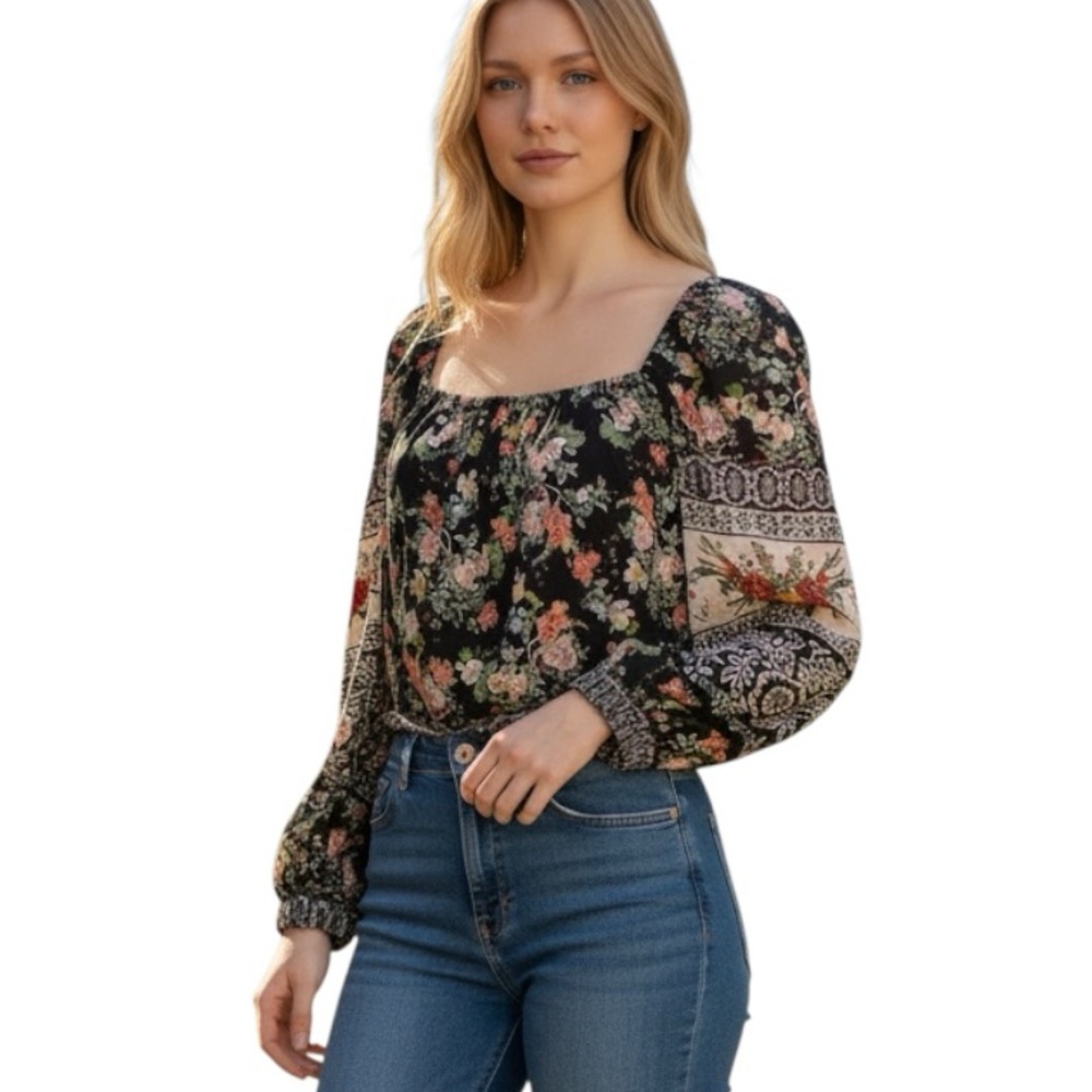 Alice + Olivia Clarabelle Print Dark Floral Boho Mixed Print Blouse Size Medium